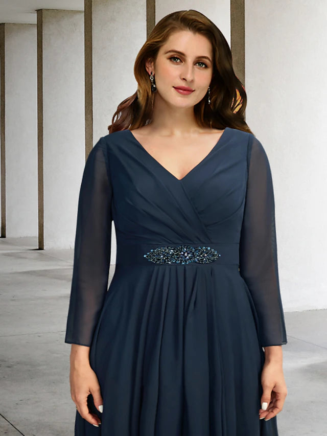 A-Line Plus Size Curve Mother of the Bride Dresses Elegant Dress Formal Asymmetrical Long Sleeve V Neck Chiffon with Pleats Crystals